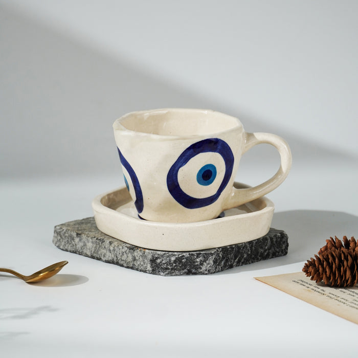 Blue Evil Eye Hand White Cup & Saucer Set