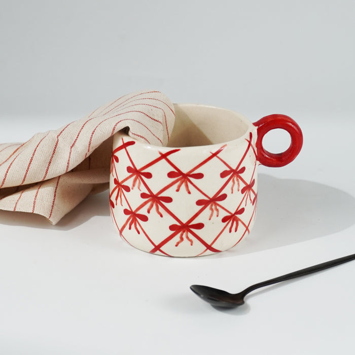 Red and White Patterned Ceramic Mug Set