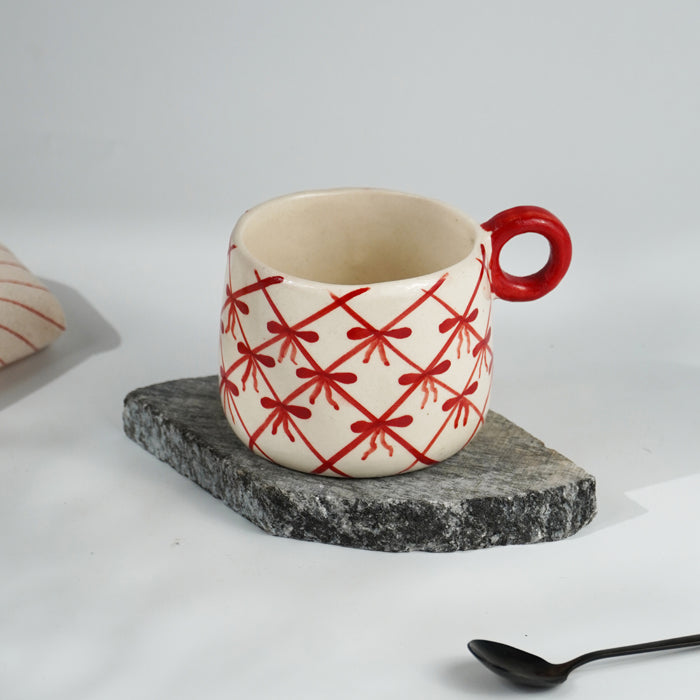Red and White Patterned Ceramic Mug Set