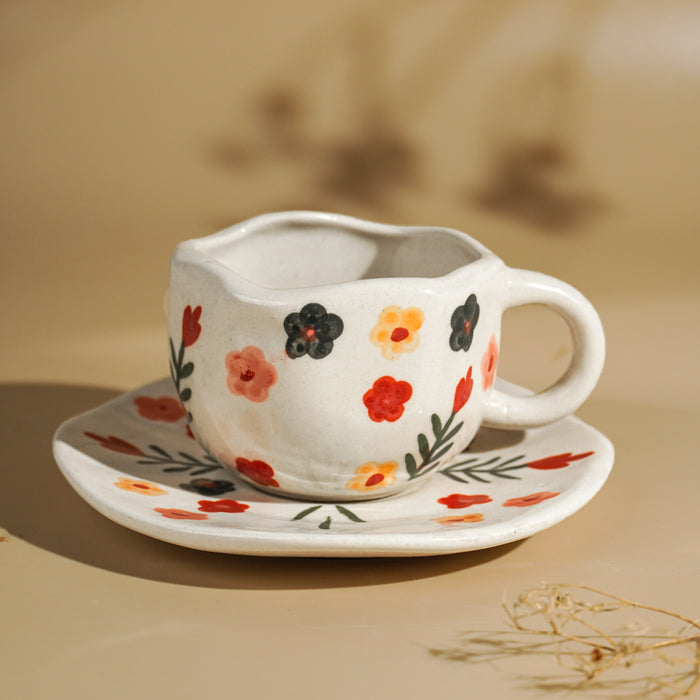Hand Painted Ceramic Cup and Saucer Set with Floral Pattern Main image