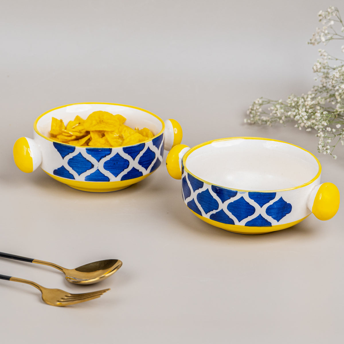 Moroccan Design Ceramic Serving Bowl with Handle | Set of 2