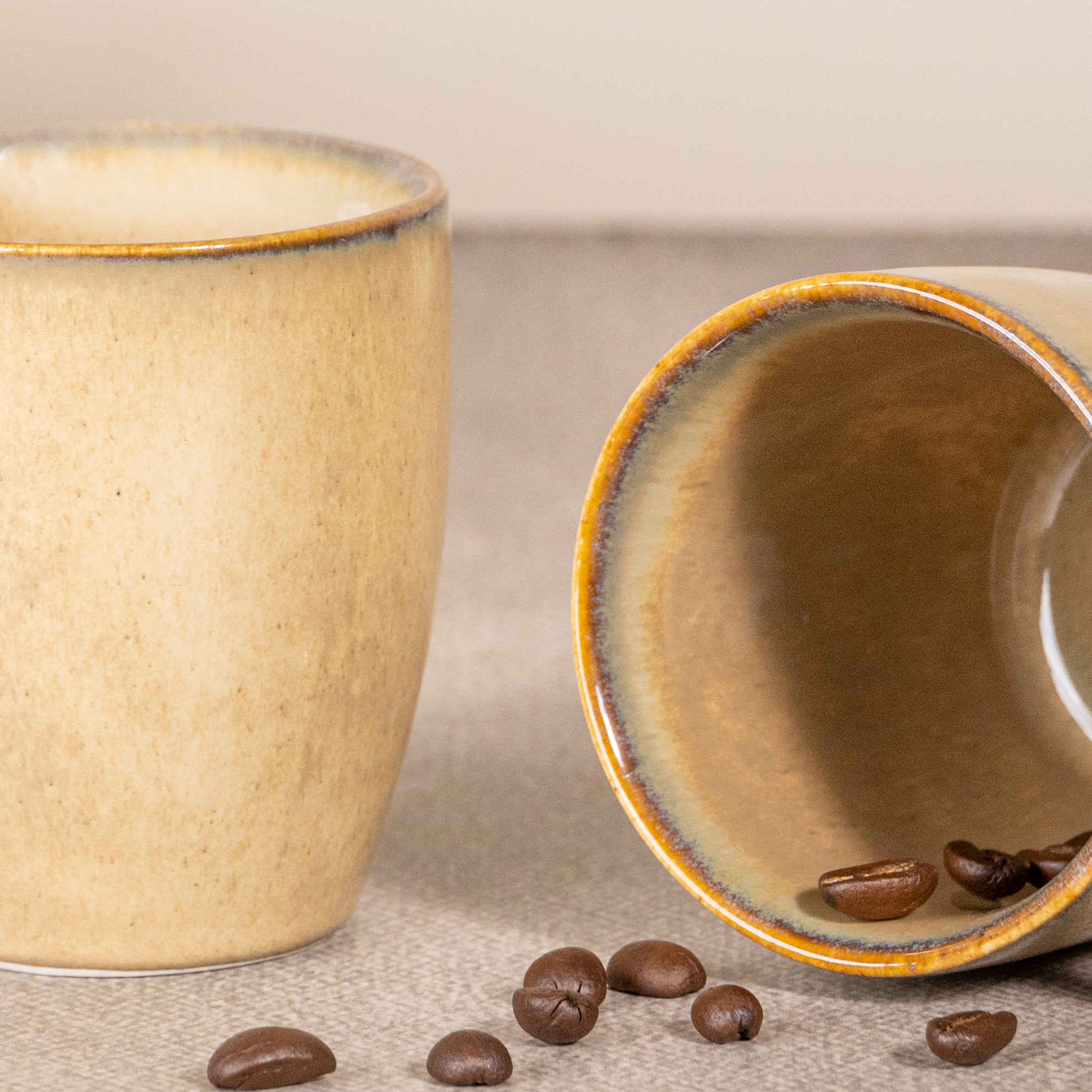 Beige Ceramic Coffee Mug with Brown Border | Set of 2