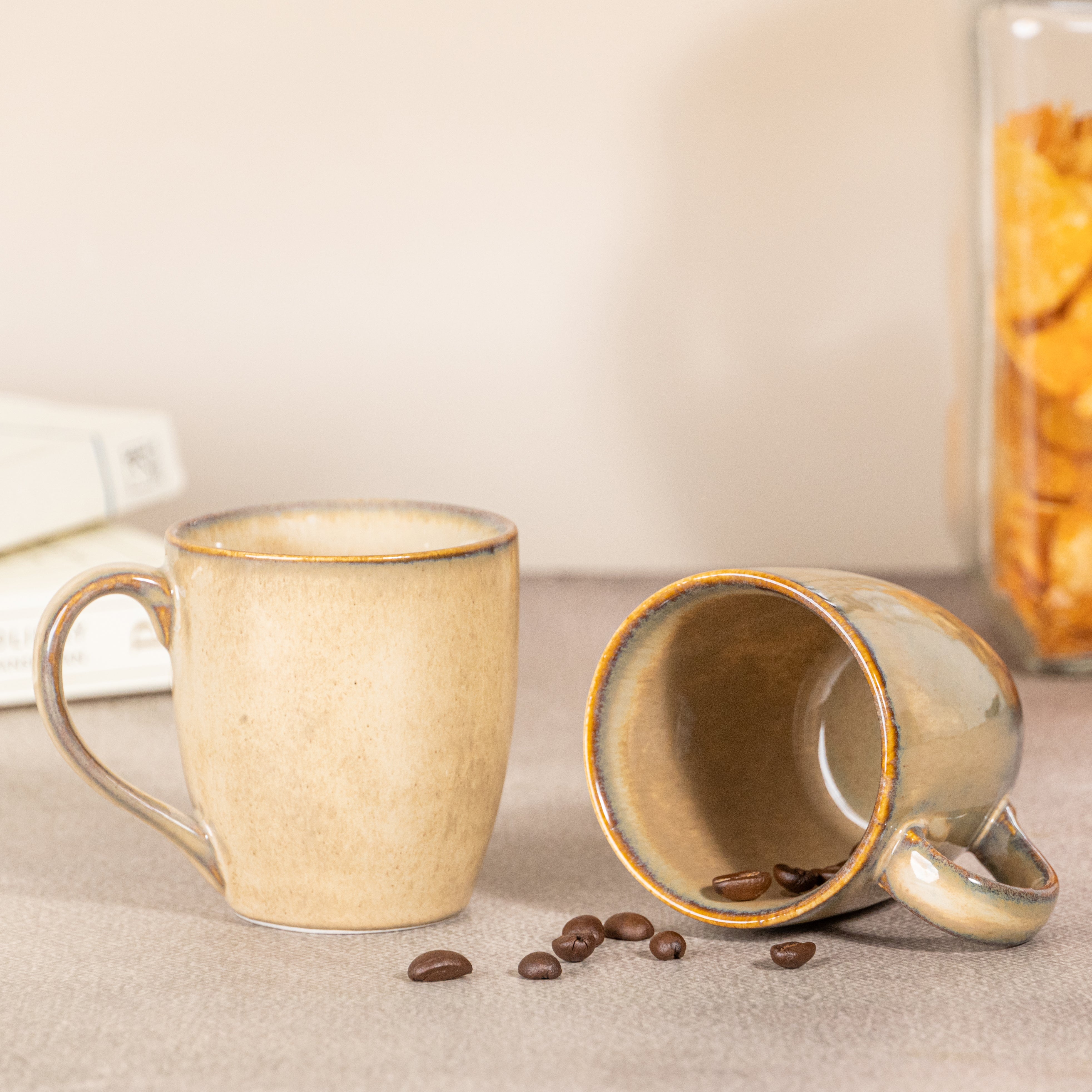 Beige Ceramic Coffee Mug with Brown Border | Set of 2