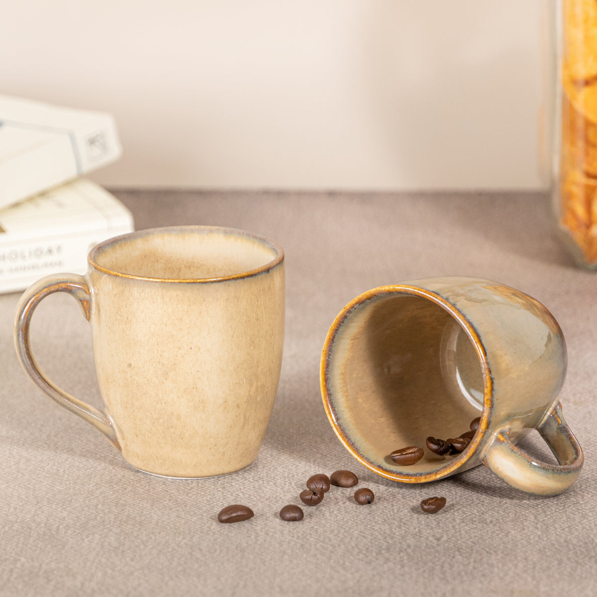 Beige Ceramic Coffee Mug with Brown Border | Set of 2