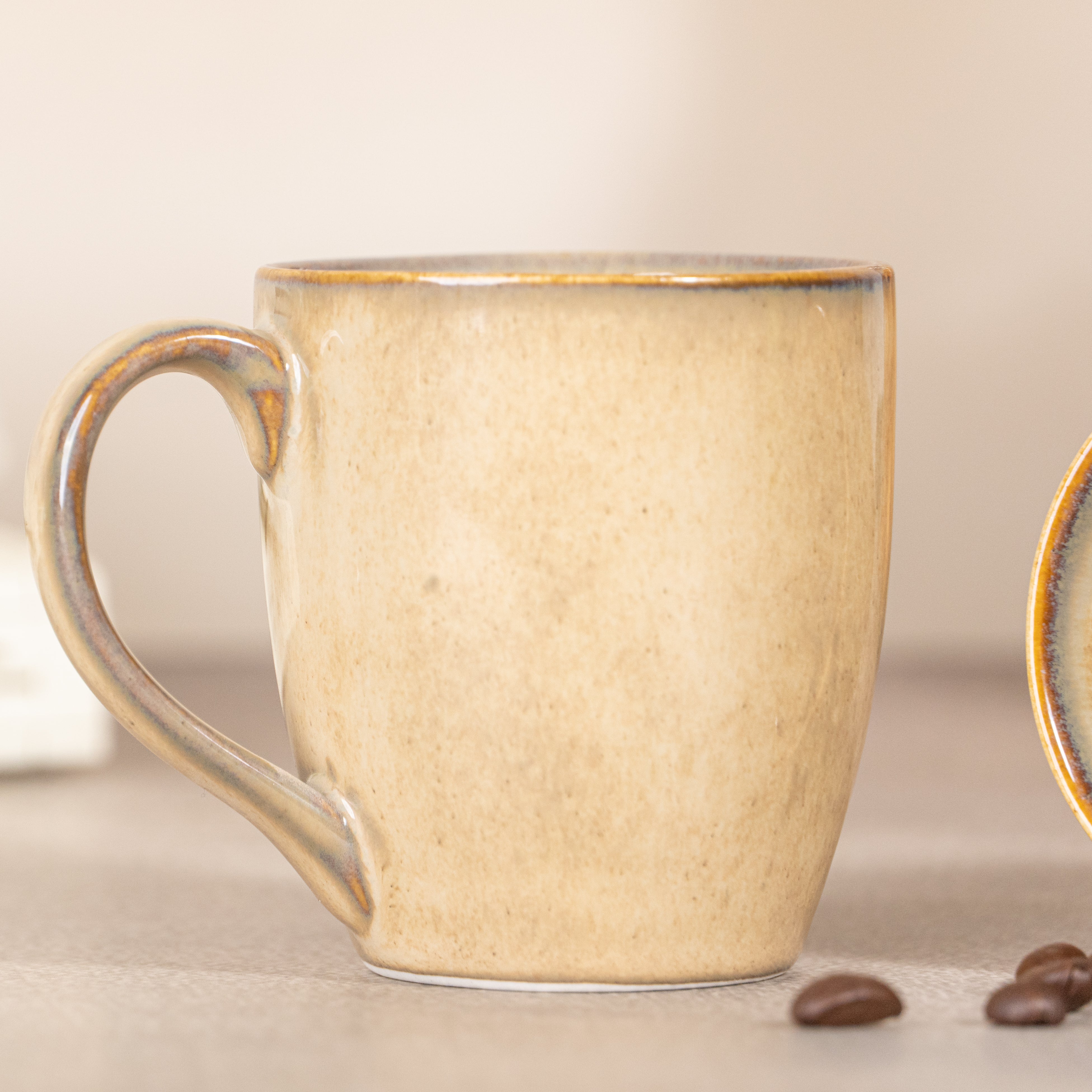 Beige Ceramic Coffee Mug with Brown Border | Set of 2