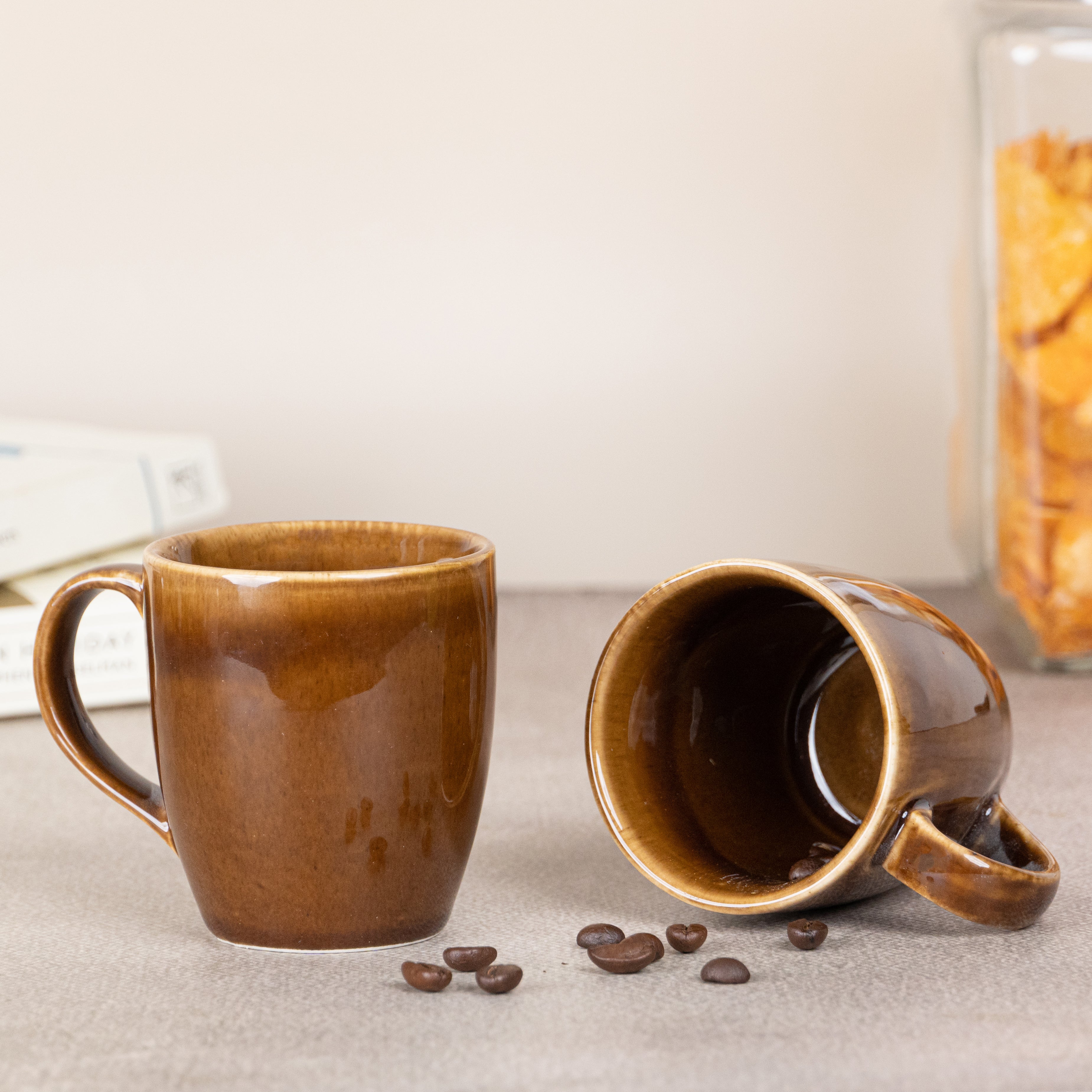 Brown Ceramic Coffee Mug with Golden Border | Set of 2