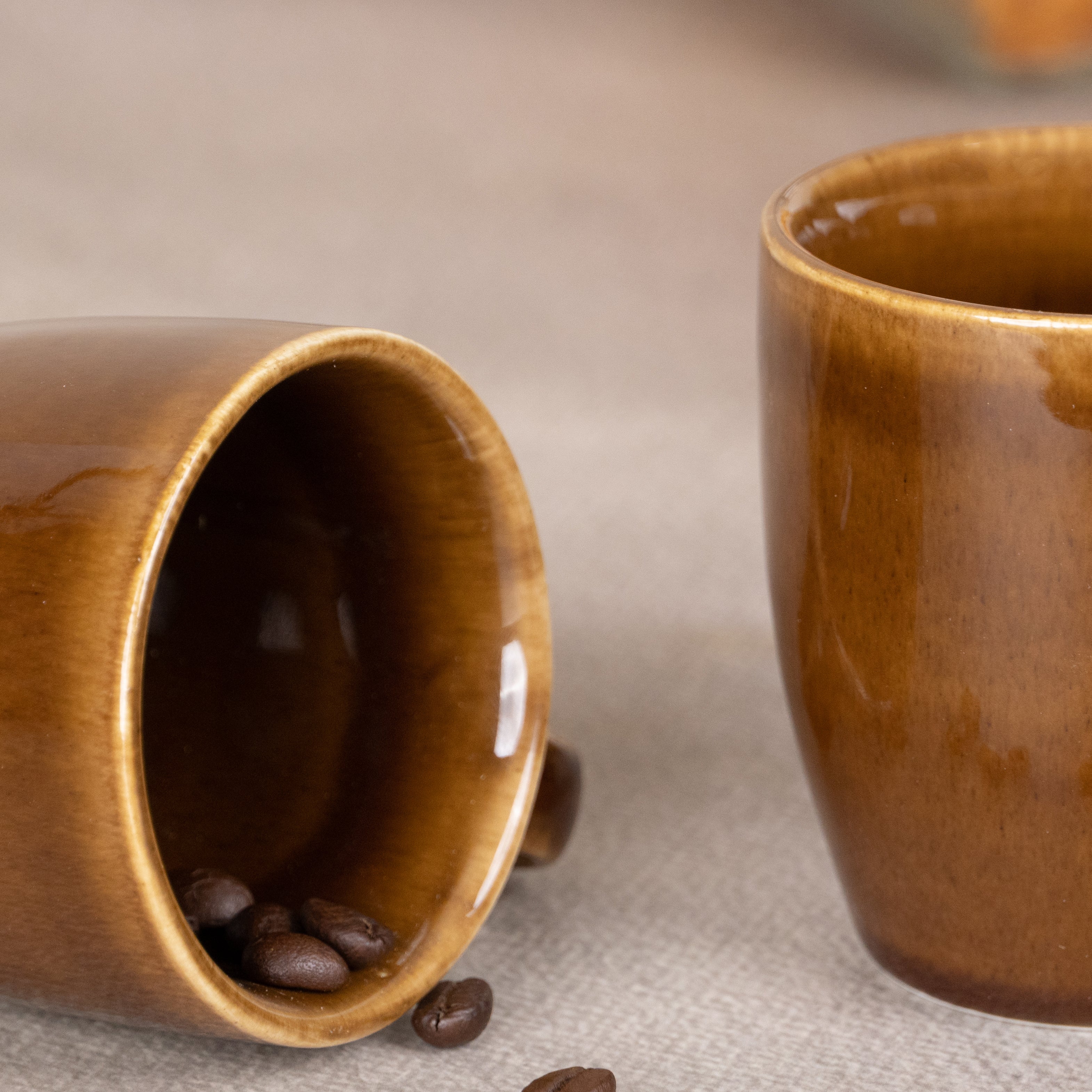 Brown Ceramic Coffee Mug with Golden Border | Set of 2