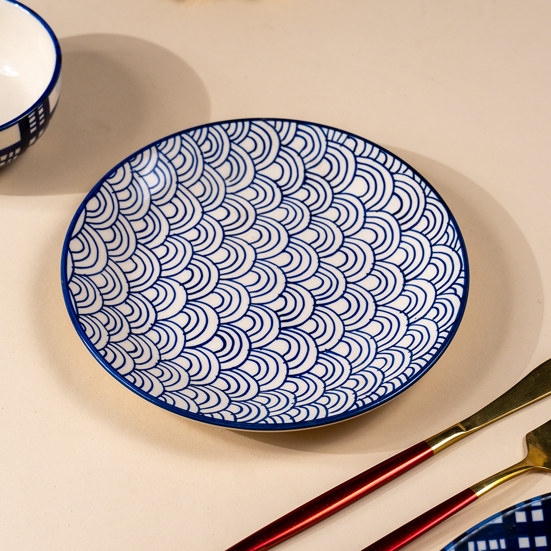 Blue and White Patterned Ceramic Dinner Set - Set of 20