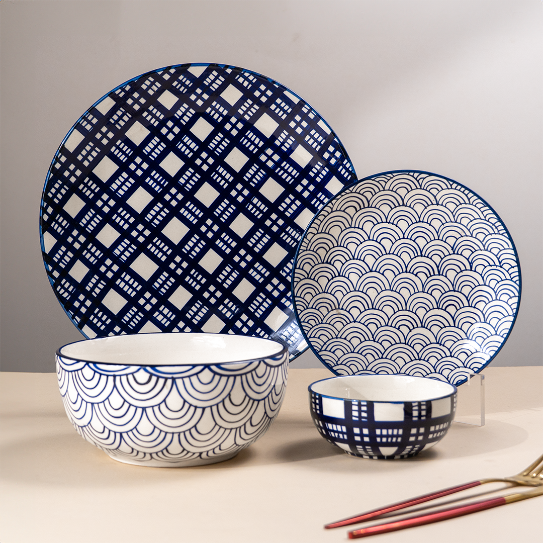 Blue and White Patterned Ceramic Dinner Set - Set of 20