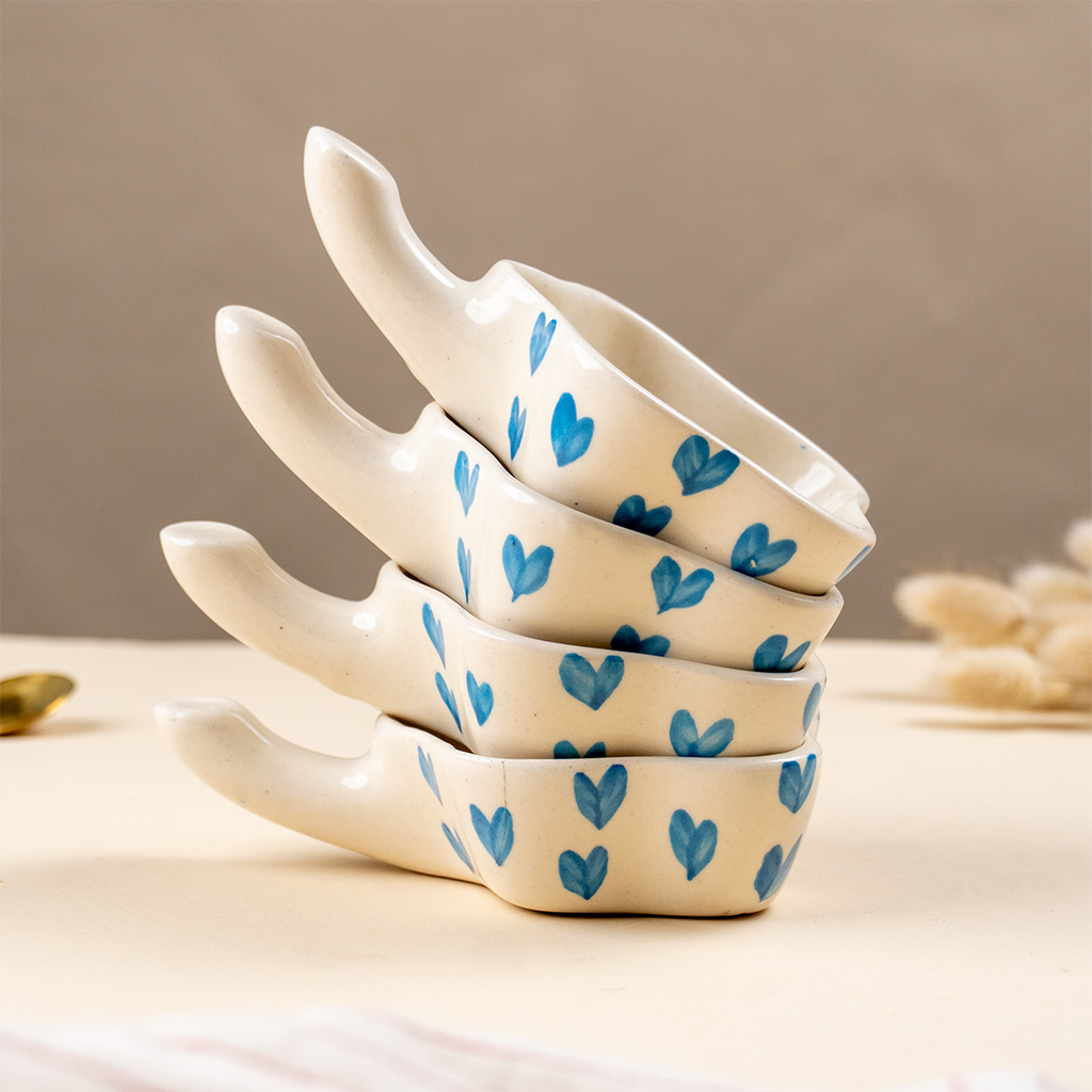Handcrafted Ceramic Dip Bowl Set with Blue Heart Design
