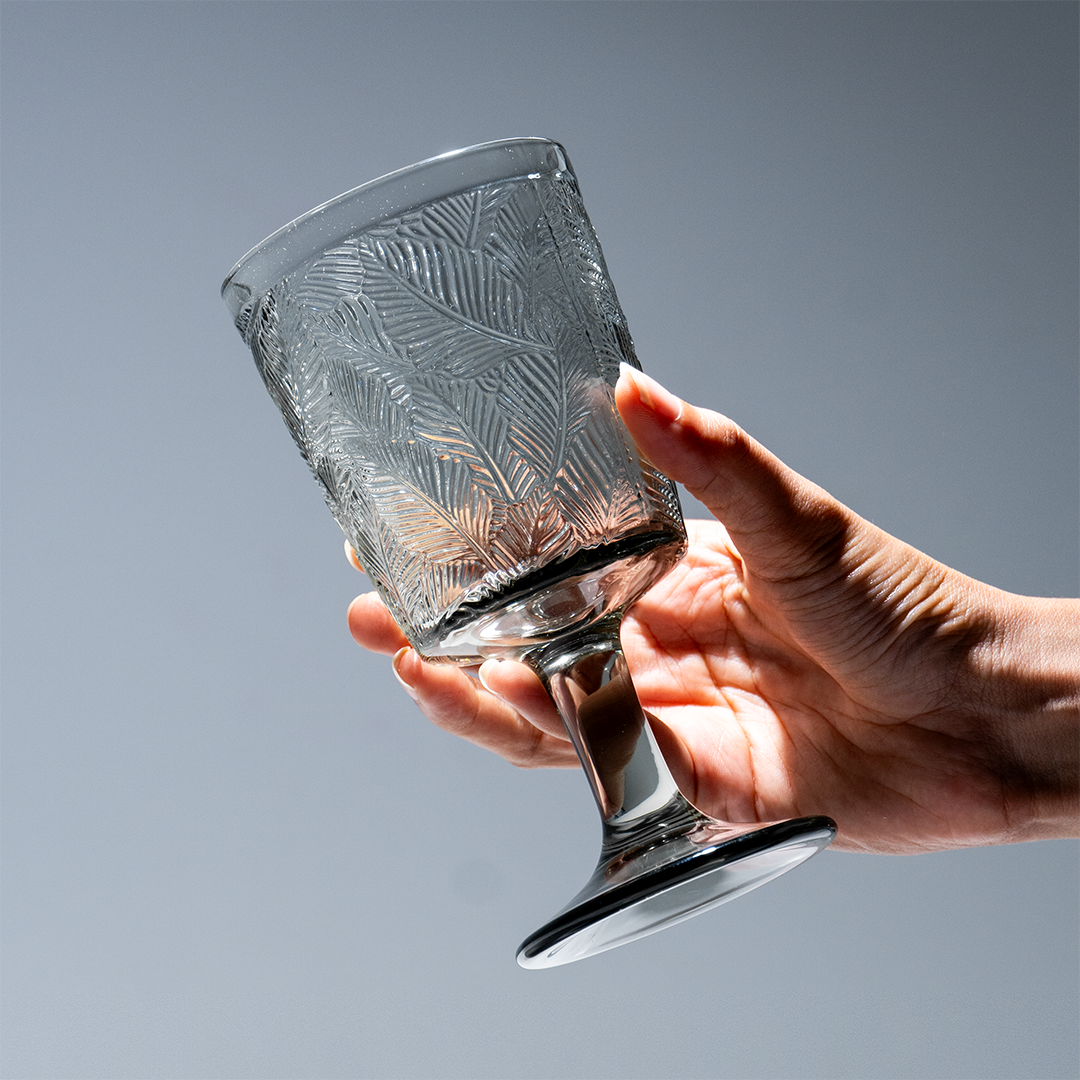 Smoky Black Palm Leaf Embossed Glass Goblet