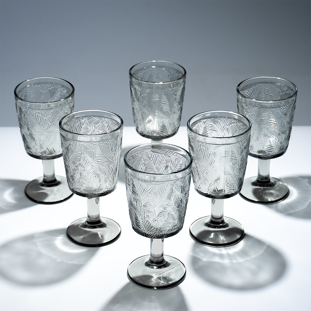 Smoky Black Palm Leaf Embossed Glass Goblet