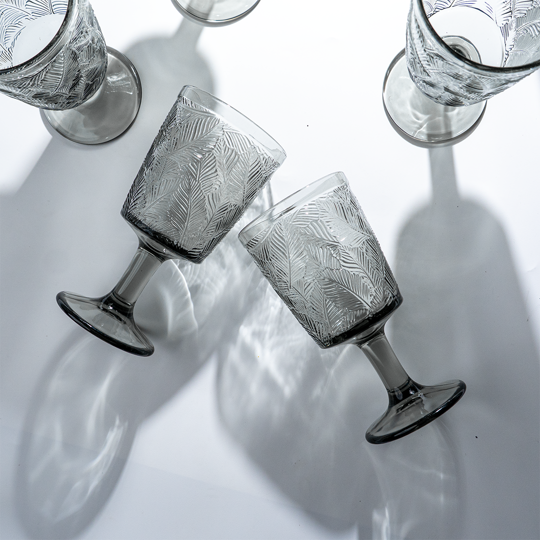 Smoky Black Palm Leaf Embossed Glass Goblet