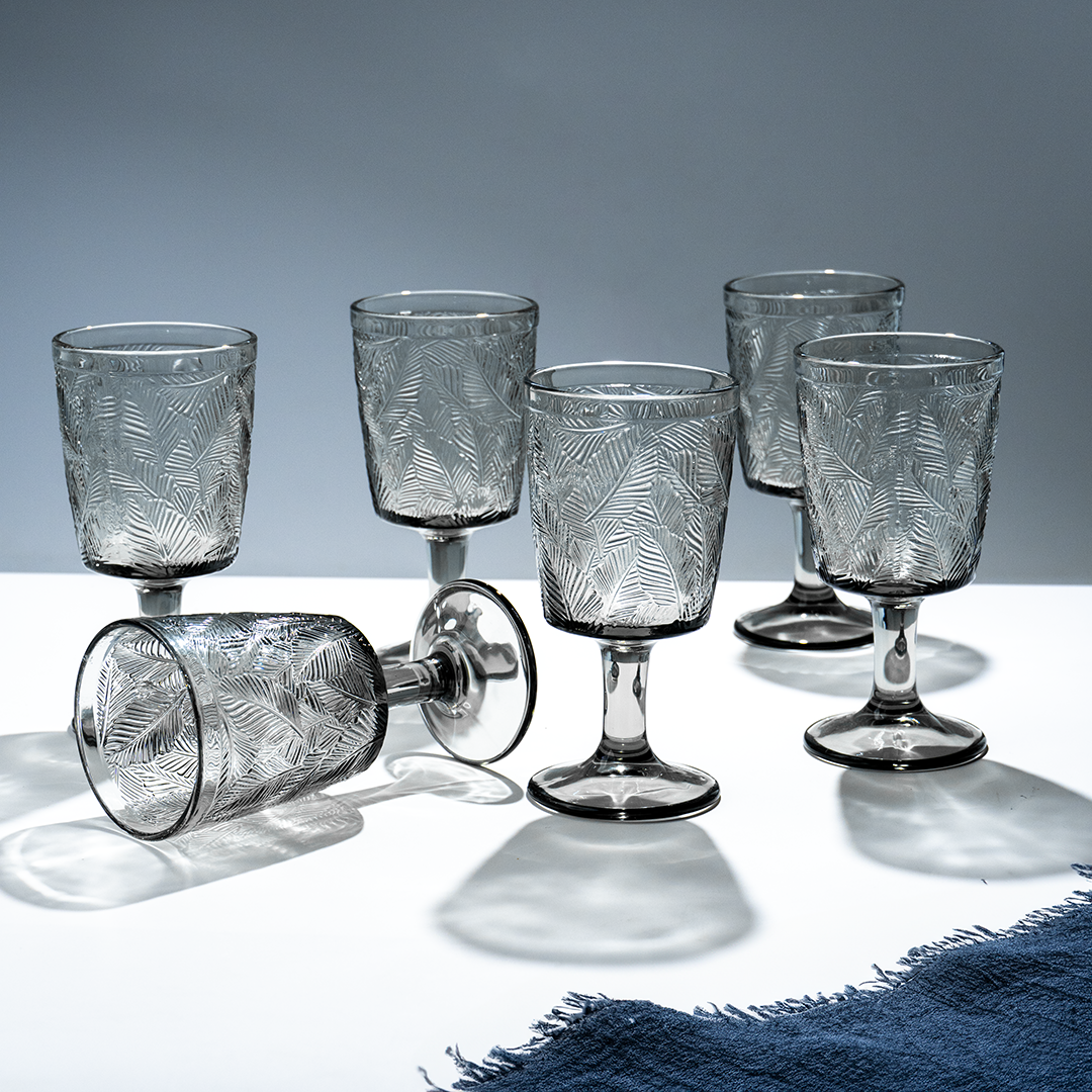 Smoky Black Palm Leaf Embossed Glass Goblet