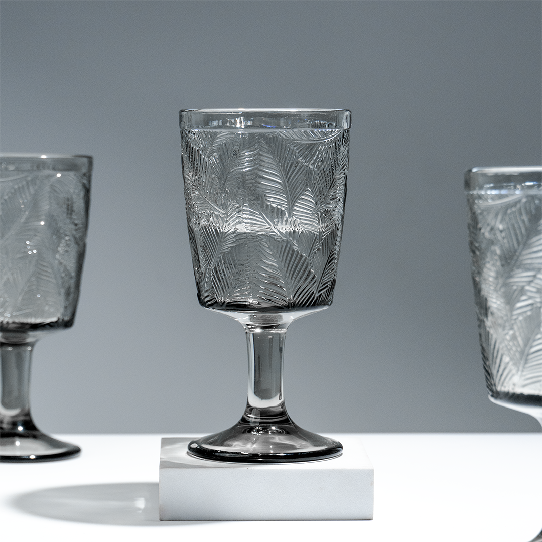 Smoky Black Palm Leaf Embossed Glass Goblet