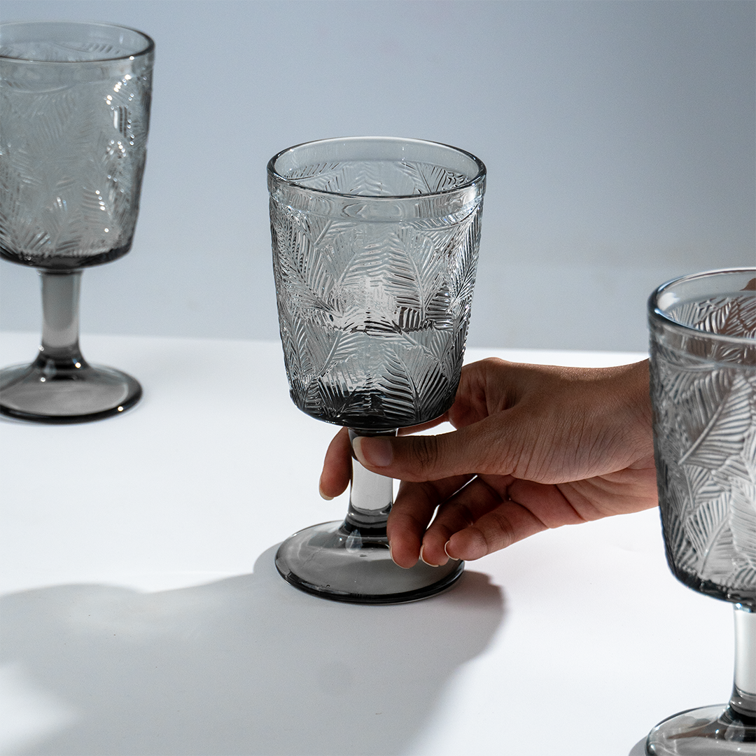 Smoky Black Palm Leaf Embossed Glass Goblet