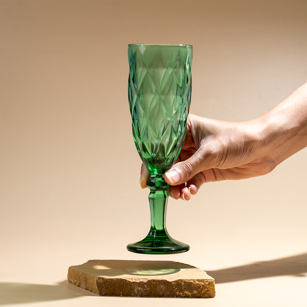 Emerald Green Diamond-Cut Glass Goblet - Set of 6