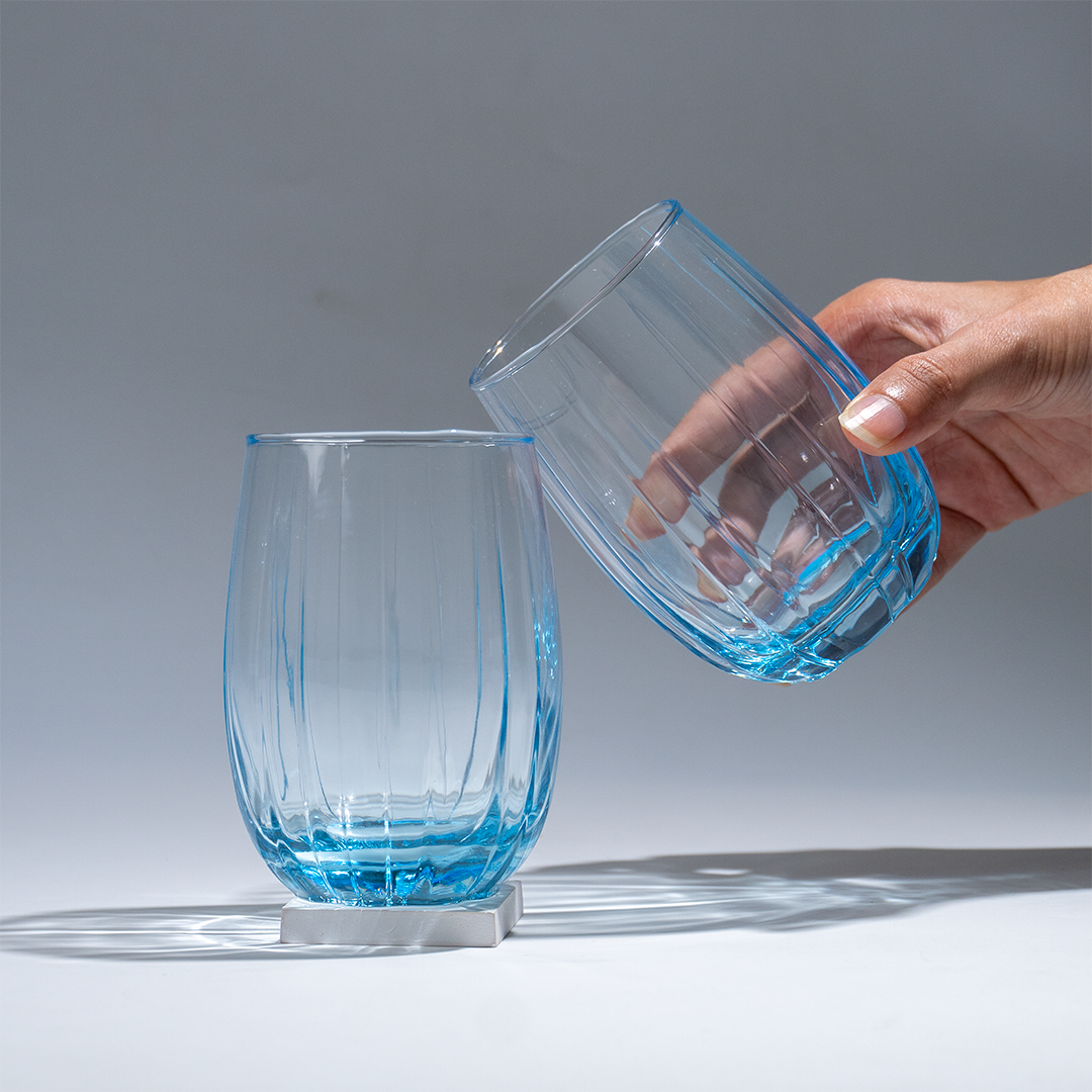 Ocean Blue Curved Ribbed Drinking Glass - Set of 6