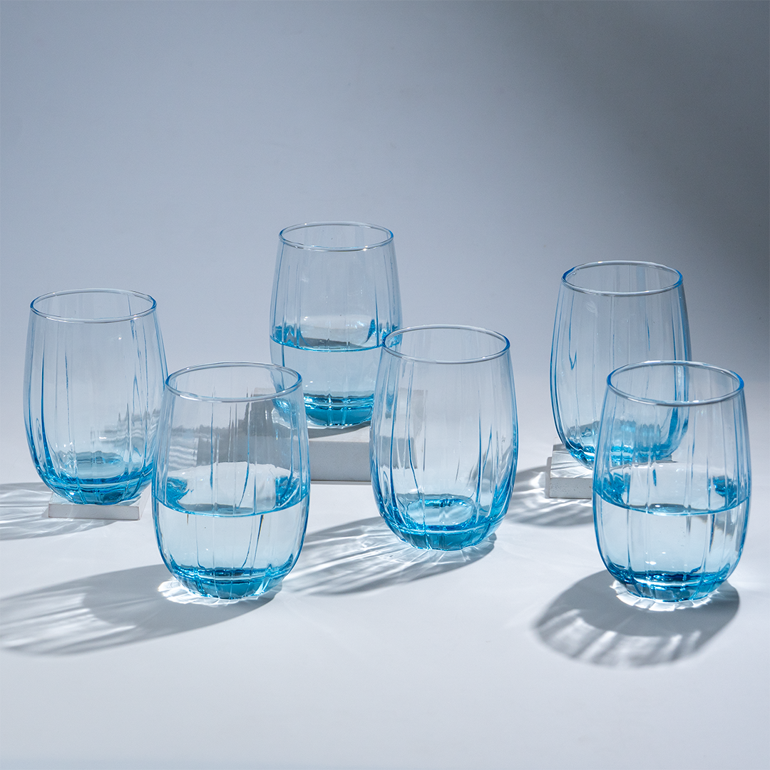 Ocean Blue Curved Ribbed Drinking Glass - Set of 6