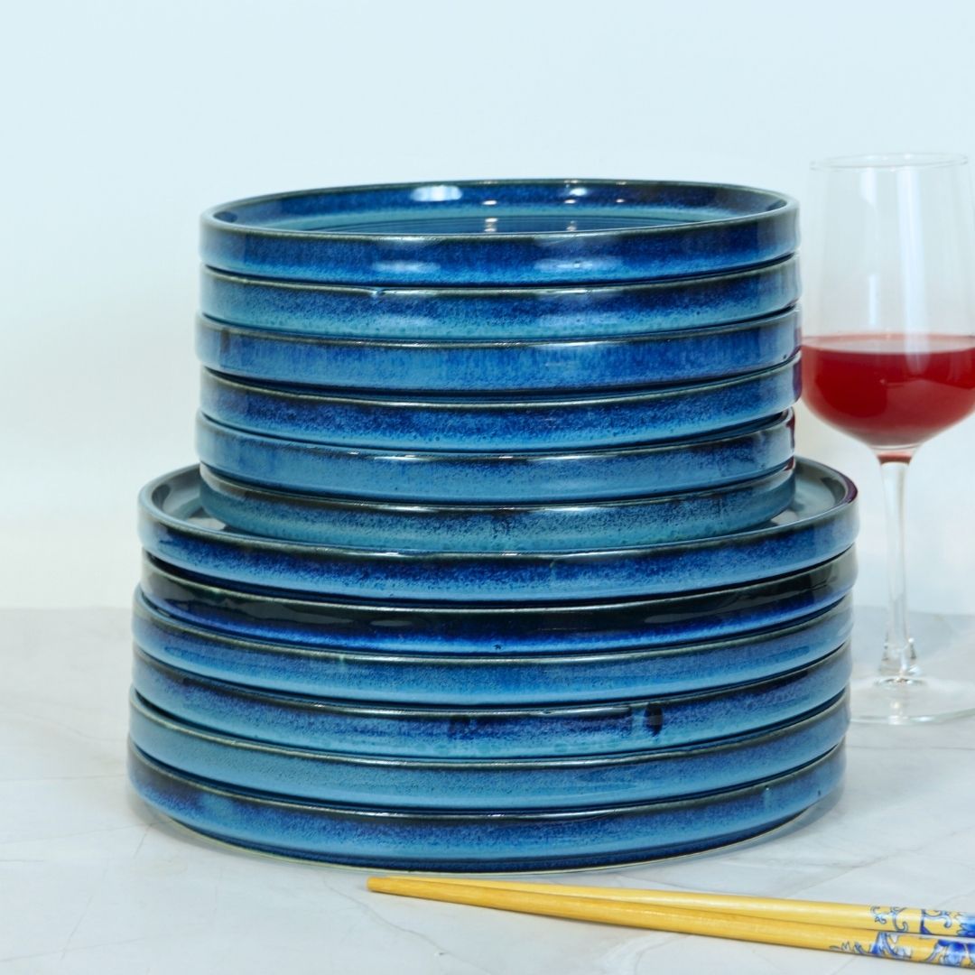 Blue Ceramic Spiral Aesthetic Dinner Set (Set of 12)