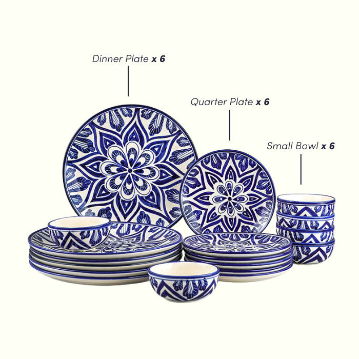 Blue Floral Mandala Design Dinnerware - Set of 18