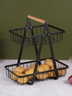 Black Two-Tier Metal Storage Basket - Kitchen Organizer with Wooden Handle
