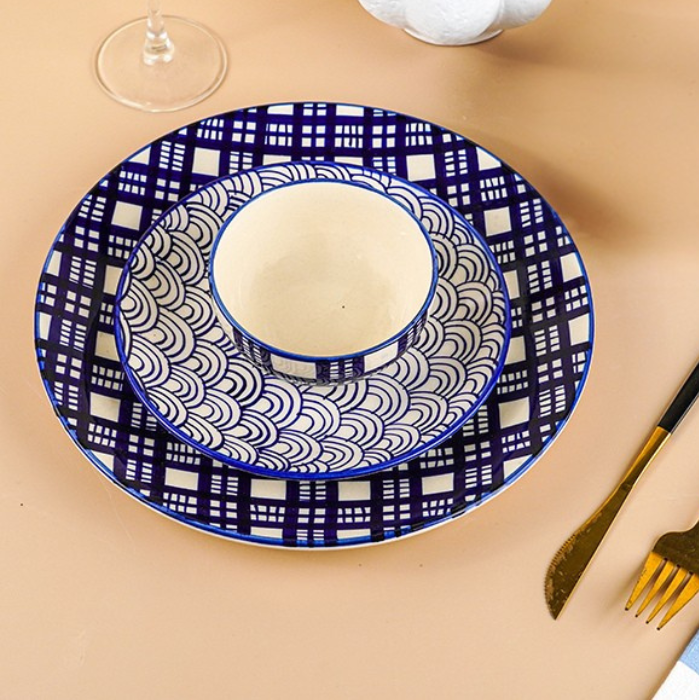 Blue and White Patterned Ceramic Dinner Set - Set of 3