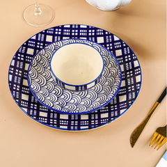 Blue and White Patterned Ceramic Dinner Set - Set of 3