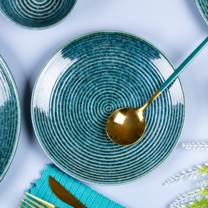 Blue Color Spiral Dinner Set - Set of 12