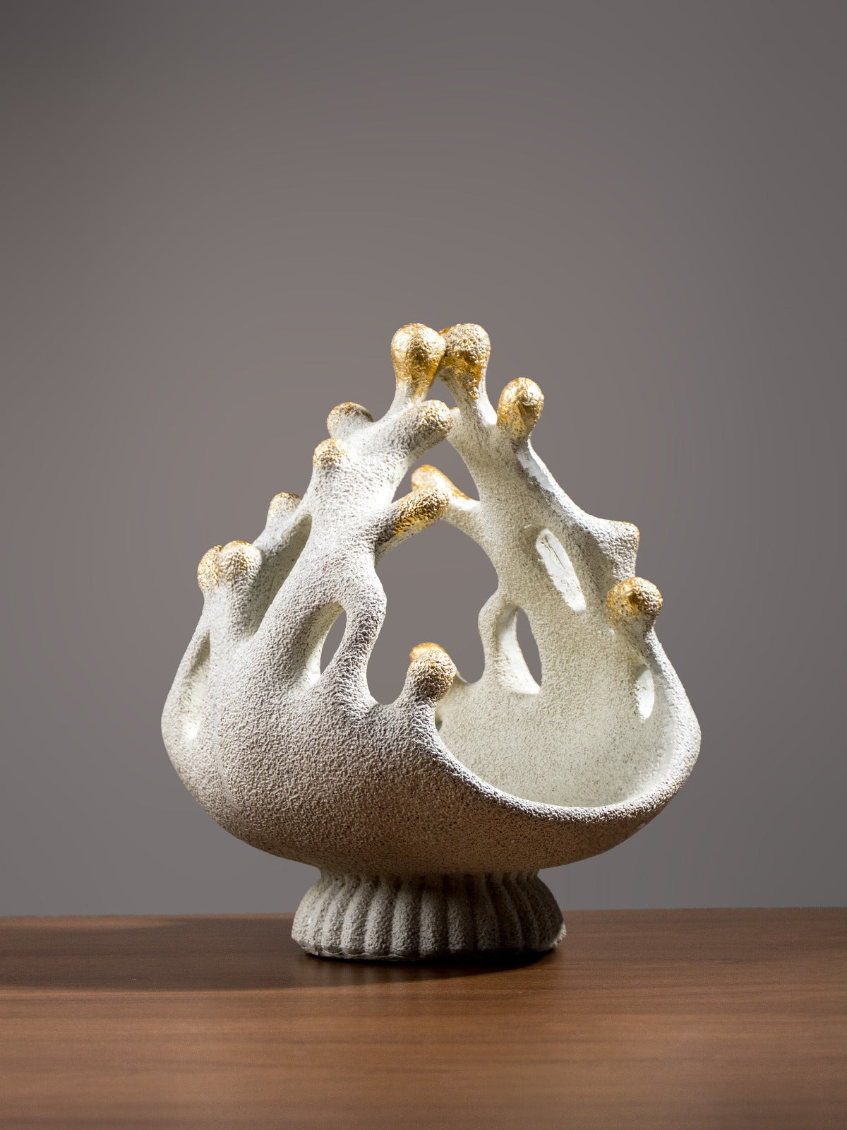 White Coral Sculptural Bowl with Gold Accents