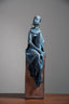 Seated Woman Sculpture on Wood Textured Pedestal – Profile Pose Figure Statue