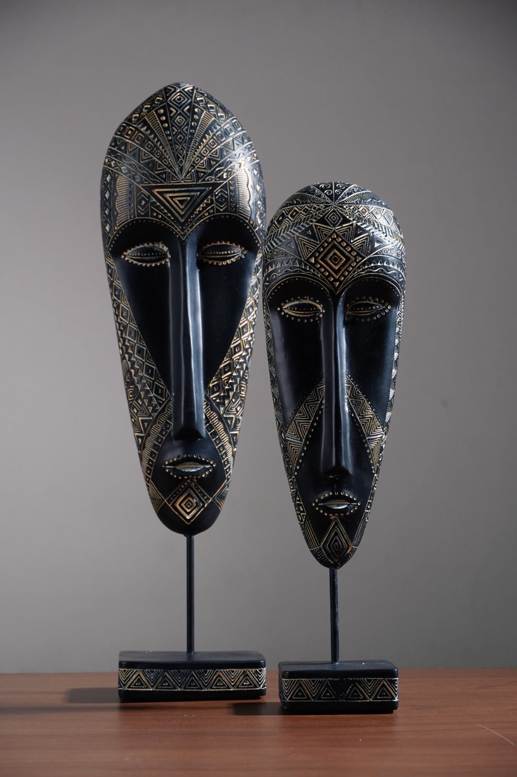 Black & Gold Tribal Mask Sculpture Set on Stand