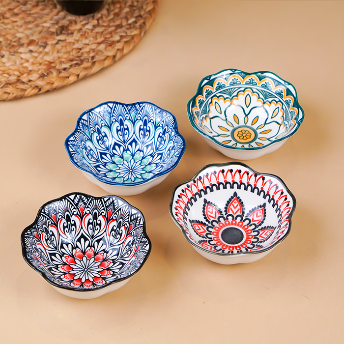 Blue Scallop-Edge Ceramic Bowls Set of 6