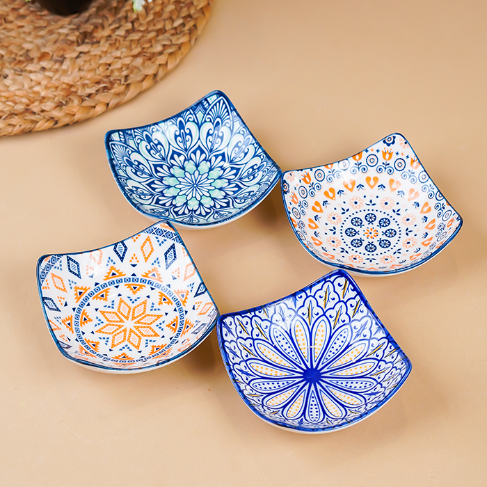 Blue & Yellow Petal-Design Square Ceramic Bowls Set of 3