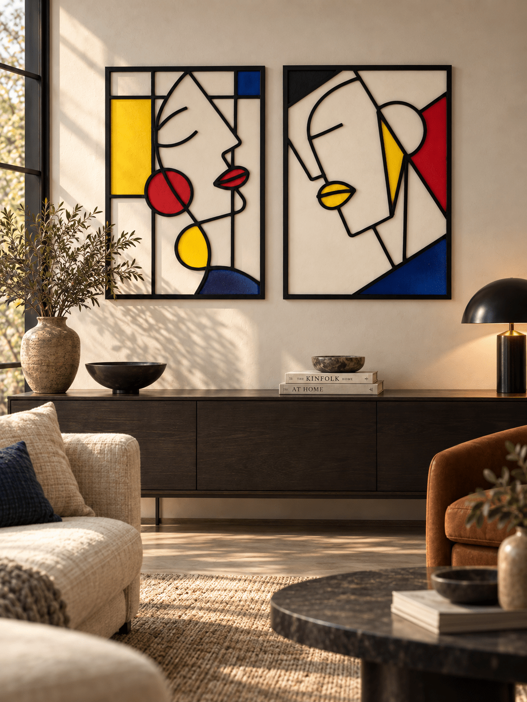 Abstract Geometric Wall Art Set of 2 with Bold Primary Colors - The Golden Theory Main image