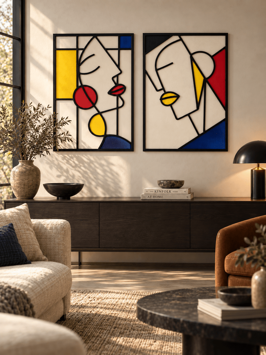 Abstract Geometric Wall Art Set of 2 with Bold Primary Colors - The Golden Theory