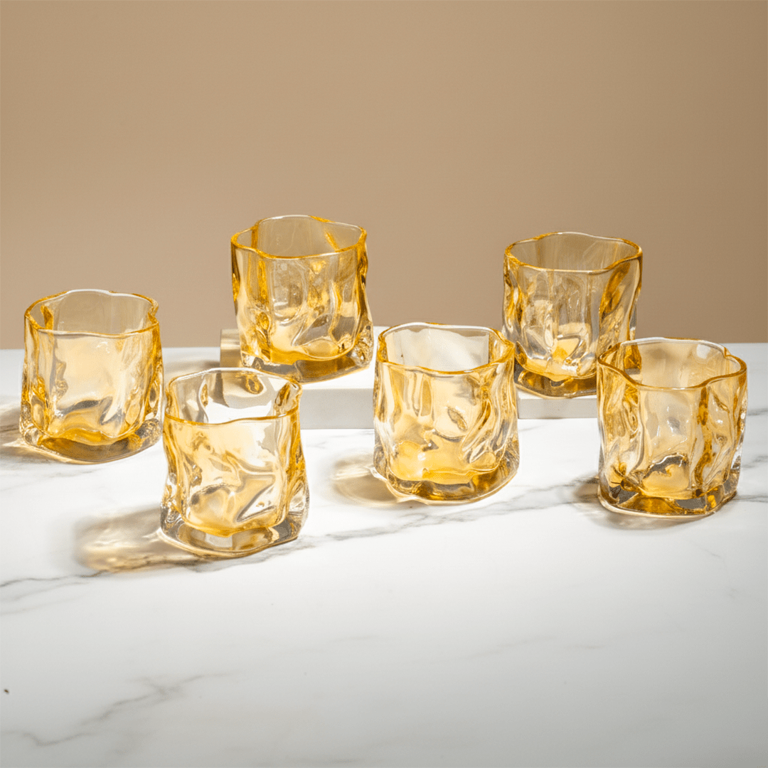 Amber-Colored Sculpted Glasses - Set of 6 - The Golden Theory Main image