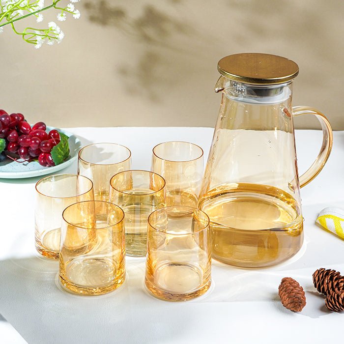 Amber Glass Water Pitcher Set with 6 Glasses - The Golden Theory Main image