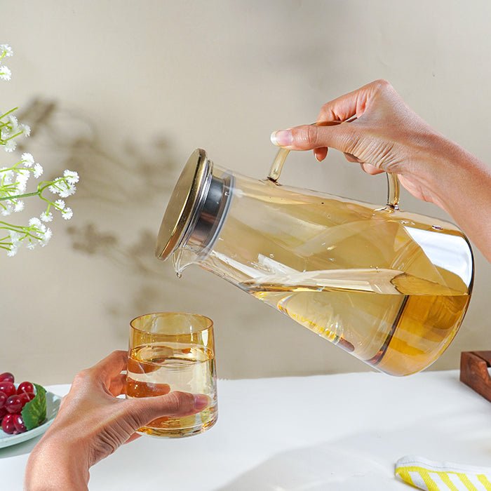 Amber Glass Water Pitcher Set with 6 Glasses - The Golden Theory