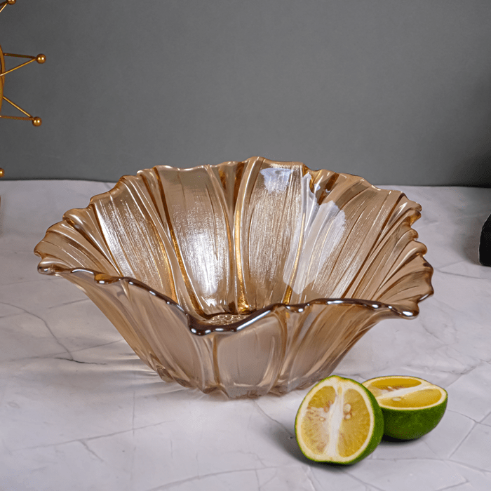 Amber Gold Fluted Glass Bowl with Wave Design - The Golden Theory Main image
