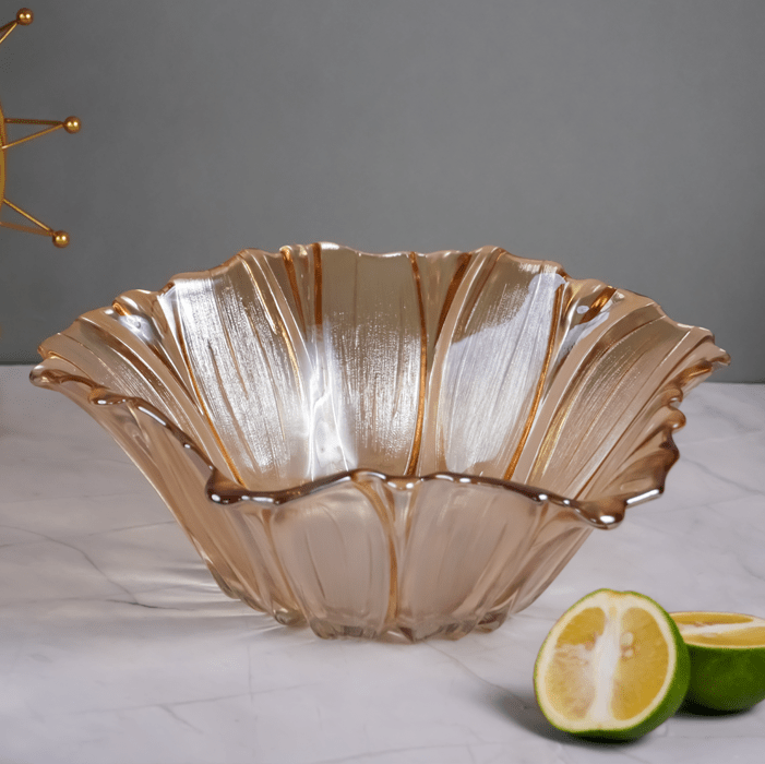 Amber Gold Fluted Glass Bowl with Wave Design - The Golden Theory