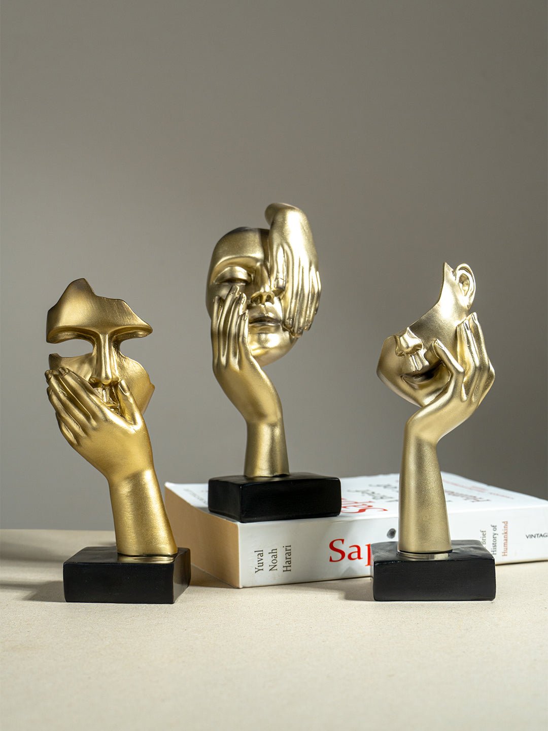 Artistic Gold Resin Abstract Face Sculptures | Set of 3 - The Golden Theory Main image