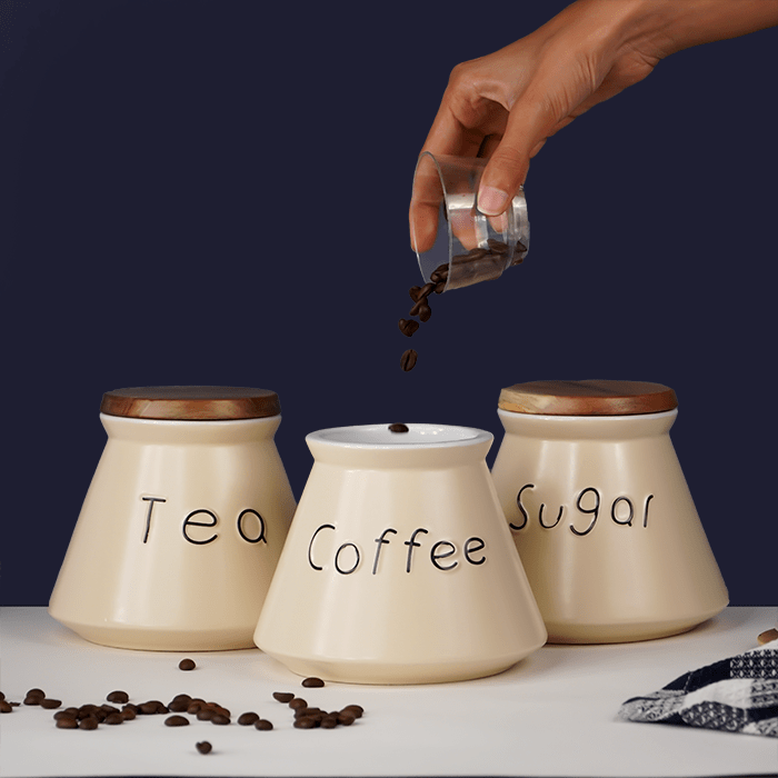 Beige Ceramic Jar Containers for Storage with Wooden Lid - The Golden Theory