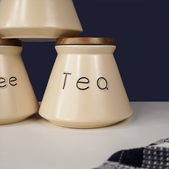 Beige Ceramic Jar Containers for Storage with Wooden Lid - The Golden Theory