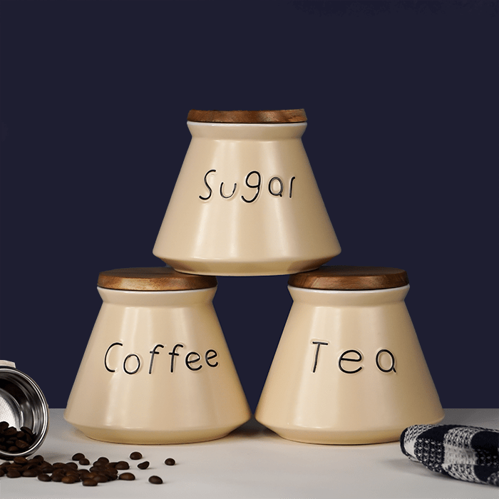 Beige Ceramic Jar Containers for Storage with Wooden Lid - The Golden Theory