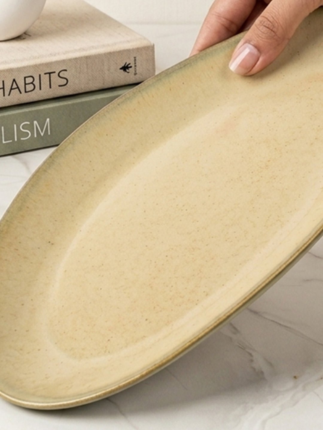 Beige Ceramic Oval Shaped Platter - The Golden Theory