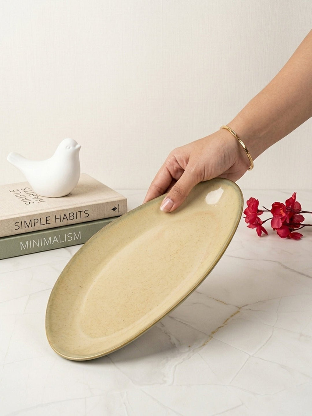Beige Ceramic Oval Shaped Platter - The Golden Theory