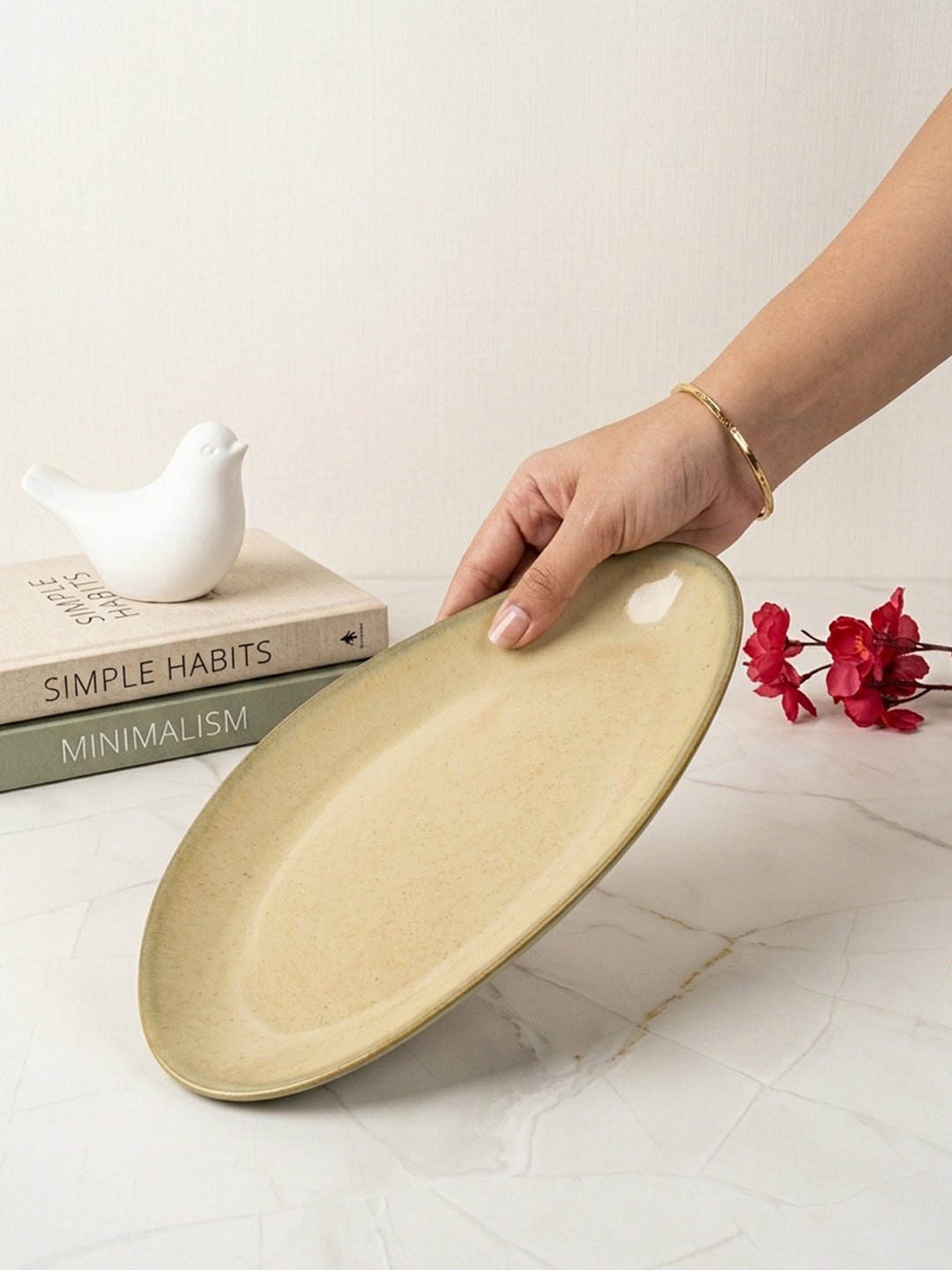 Beige Ceramic Oval Shaped Platter - The Golden Theory