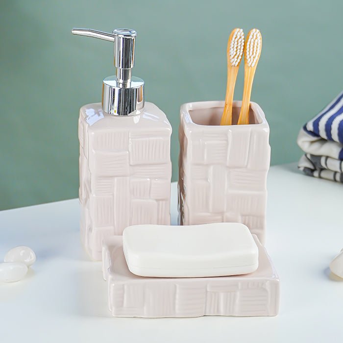 Beige Textured Ceramic Bathroom Set of 3 - The Golden Theory Main image