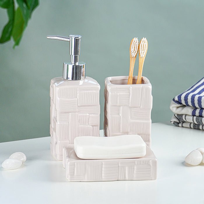 Beige Textured Ceramic Bathroom Set of 3 - The Golden Theory